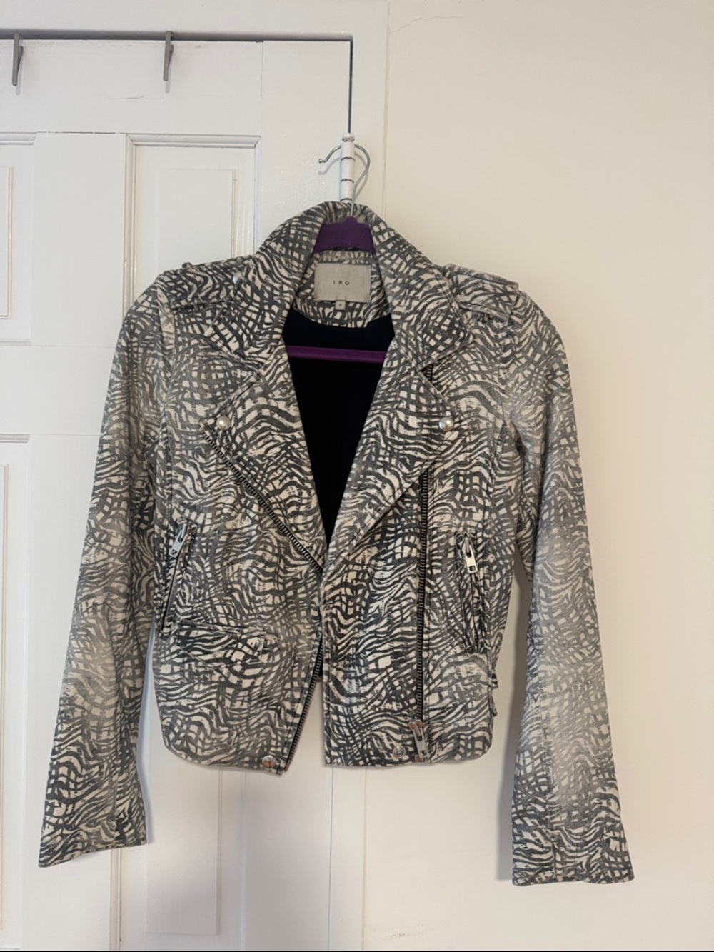 IRO Gray & White Abstract Print Leather Moto Jacket